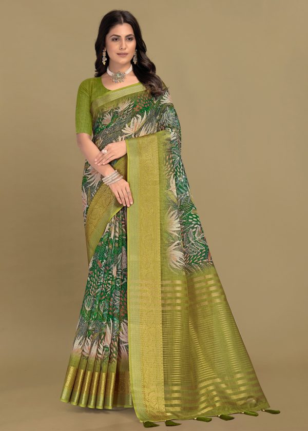 Green Silk Linen Saree with Zari Woven Border and Floral Print Chit Pallu