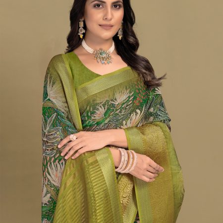 GreenSilkGeorgetteSareewithZariWovenBorderandFloralPrintChitPallu-ShararaPrint3091Green2