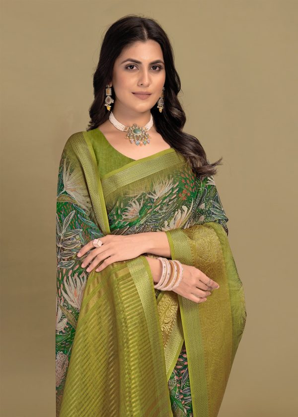 Green Silk Linen Saree with Zari Woven Border and Floral Print Chit Pallu