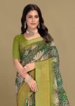 Green Silk Linen Saree with Zari Woven Border and Floral Print Chit Pallu