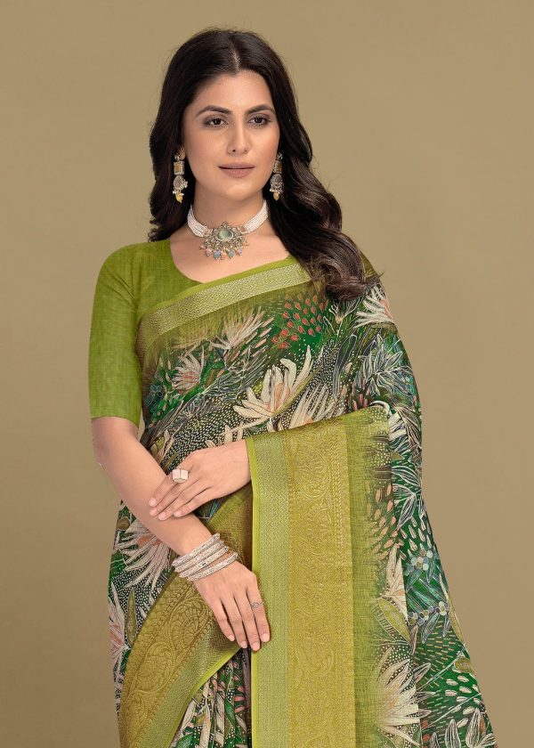 Green Silk Linen Saree with Zari Woven Border and Floral Print Chit Pallu