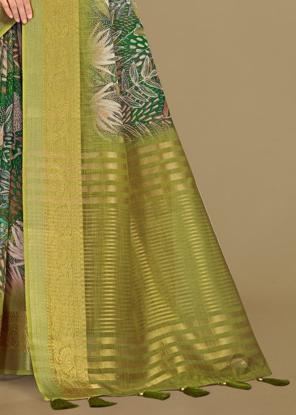 Green Silk Linen Saree with Zari Woven Border and Floral Print Chit Pallu