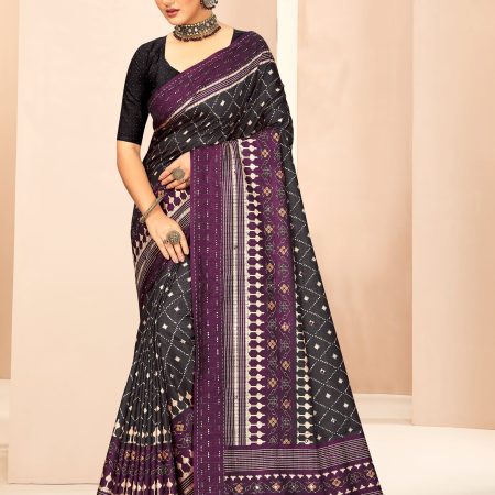 Grey Digital Ikat Print Saree with Mirror & Sequin Details and Khatha Work