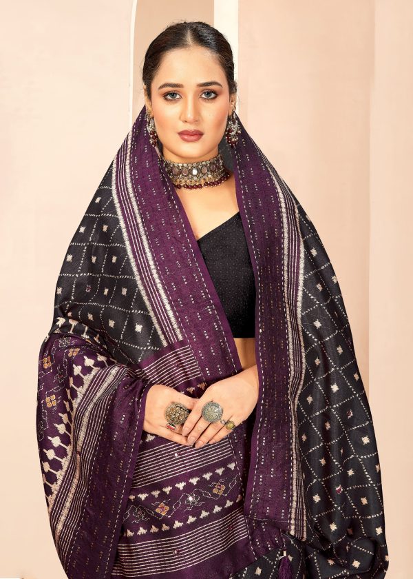 Grey Digital Ikat Print Saree with Mirror & Sequin Details and Khatha Work