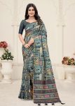 Grey Green Tussar Silk Saree with Digital Ethnic Motif Prints, Zari Embellished Border, and Chit Pallu