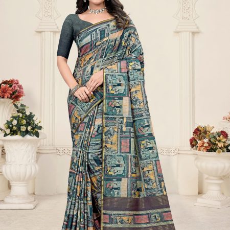 Grey Green Tussar Silk Saree with Digital Ethnic Motif Prints, Zari Embellished Border, and Chit Pallu