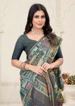 Grey Green Tussar Silk Saree with Digital Ethnic Motif Prints, Zari Embellished Border, and Chit Pallu