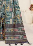 Grey Green Tussar Silk Saree with Digital Ethnic Motif Prints, Zari Embellished Border, and Chit Pallu