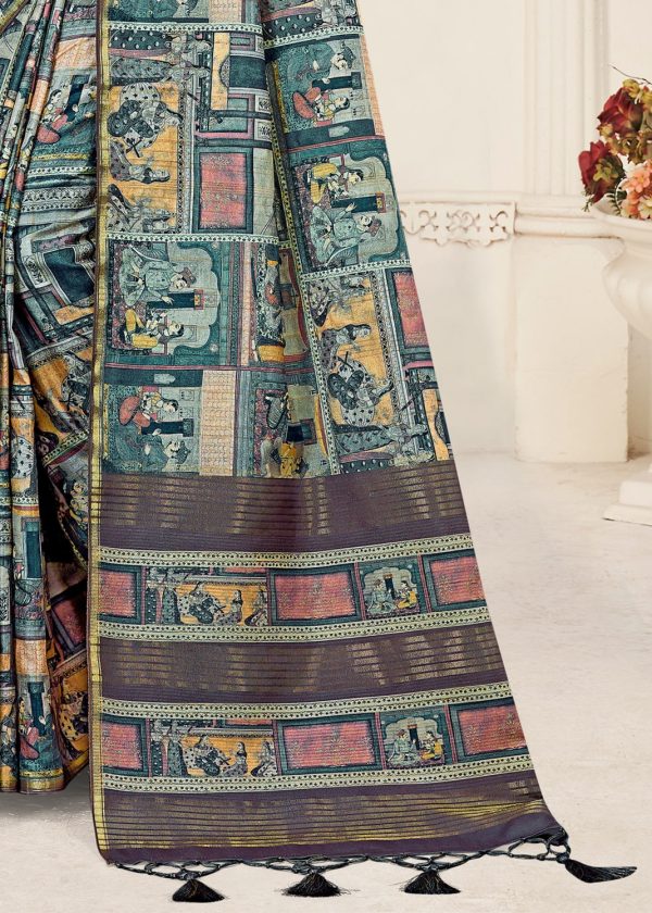 Grey Green Tussar Silk Saree with Digital Ethnic Motif Prints, Zari Embellished Border, and Chit Pallu