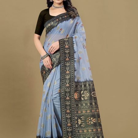 Light Grey Cotton Silk Saree with Digital Ethnic Motifs, Zari Weave Detailing, and Tassel