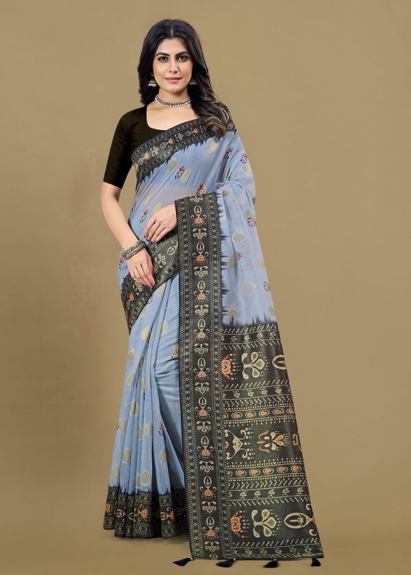 Light Grey Cotton Silk Saree with Digital Ethnic Motifs, Zari Weave Detailing, and Tassel