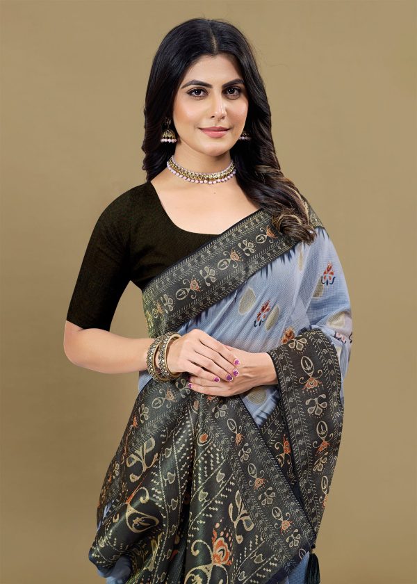 Light Grey Cotton Silk Saree with Digital Ethnic Motifs, Zari Weave Detailing, and Tassel