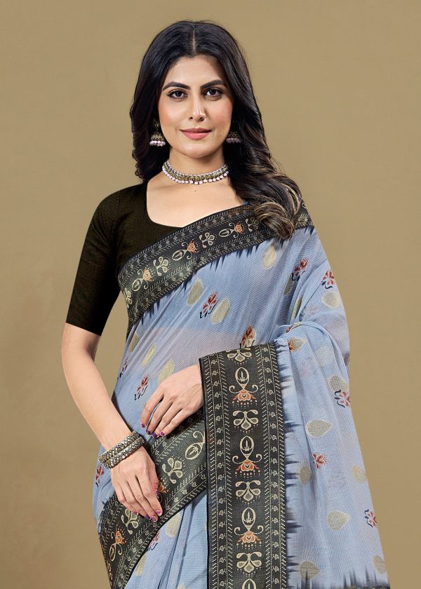 Light Grey Cotton Silk Saree with Digital Ethnic Motifs, Zari Weave Detailing, and Tassel