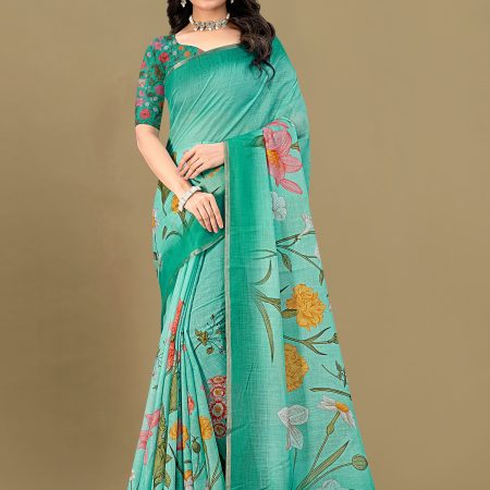 Jungle Green Linen Silk Saree Adorned with Floral Patterns and Zari Border