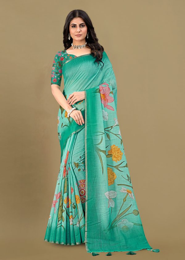 Jungle Green Linen Silk Saree Adorned with Floral Patterns and Zari Border