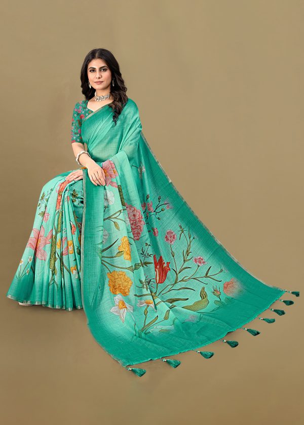 Jungle Green Linen Silk Saree Adorned with Floral Patterns and Zari Border