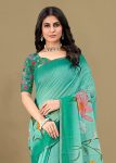 Jungle Green Linen Silk Saree Adorned with Floral Patterns and Zari Border