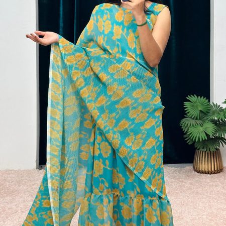 Trendy Turquoise 1-Minute Ready To Wear Georgette Gown Saree