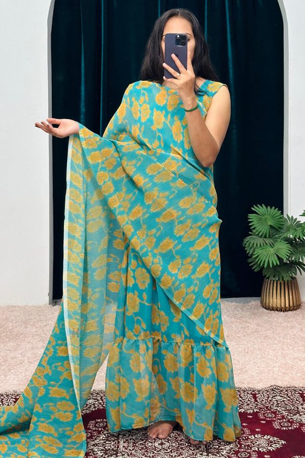 Trendy Turquoise 1-Minute Ready To Wear Georgette Gown Saree