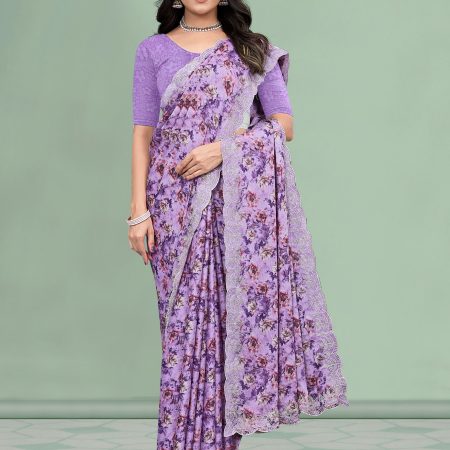 Lavender Silk Georgette Saree with Abstract Floral Design and Cutwork Embroidery Border