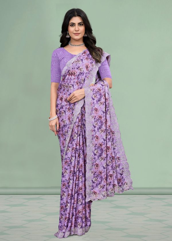 Lavender Silk Georgette Saree with Abstract Floral Design and Cutwork Embroidery Border