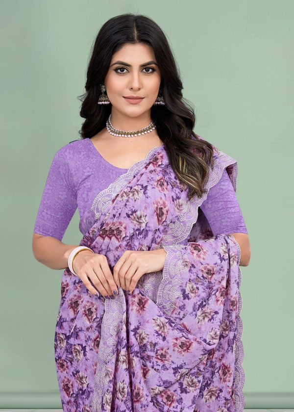 Lavender Silk Georgette Saree with Abstract Floral Design and Cutwork Embroidery Border