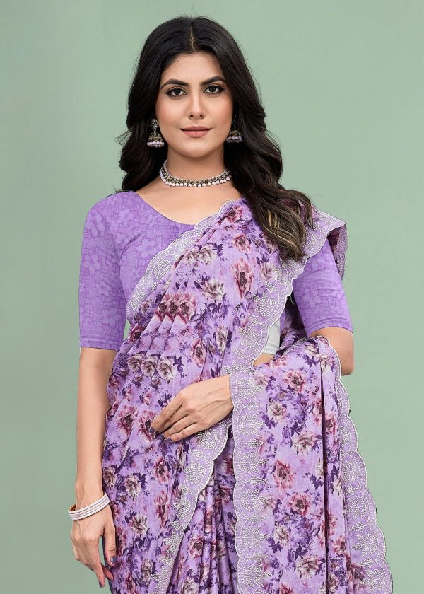 Lavender Silk Georgette Saree with Abstract Floral Design and Cutwork Embroidery Border