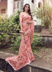 Peach Floral Hand Painted Organza Designer Embroidered Border Saree with Cutwork