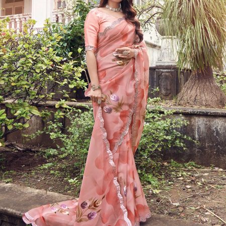 Peach Floral Hand Painted Organza Designer Embroidered Border Saree with Cutwork