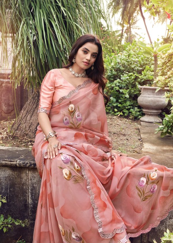 Peach Floral Hand Painted Organza Designer Embroidered Border Saree with Cutwork