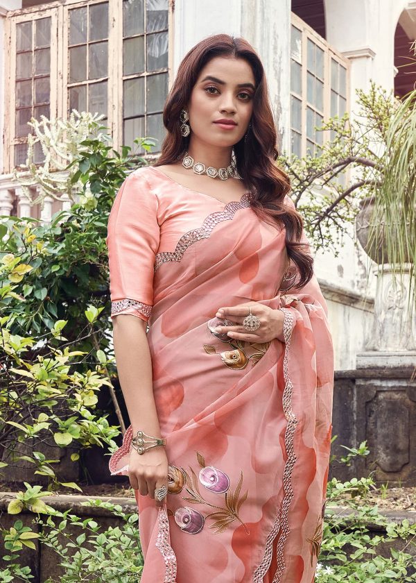 Peach Floral Hand Painted Organza Designer Embroidered Border Saree with Cutwork