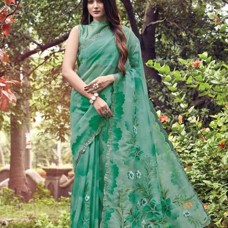 Jungle Green Floral Hand Painted Organza Designer Saree with Embroidered Cutwork Border