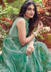 Jungle Green Floral Hand Painted Organza Designer Saree with Embroidered Cutwork Border