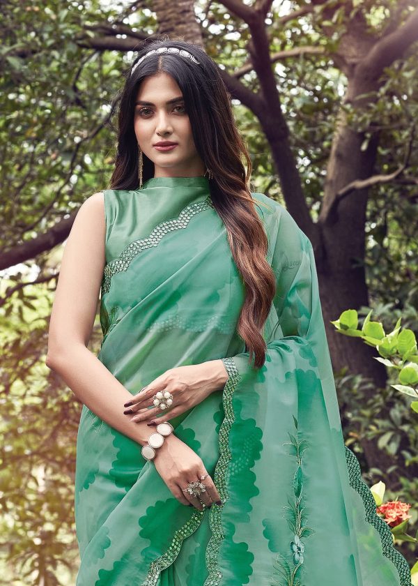 Jungle Green Floral Hand Painted Organza Designer Saree with Embroidered Cutwork Border