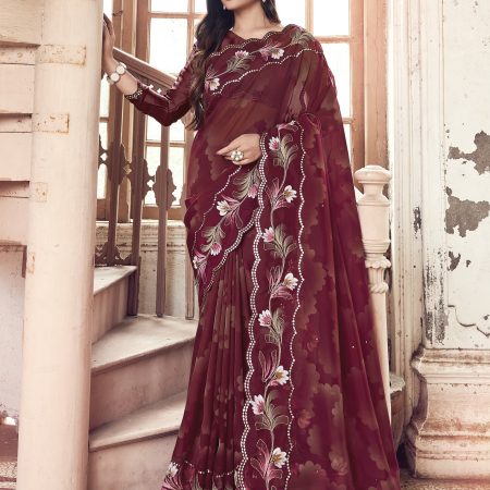 Wine Floral Hand Painted Organza Designer Embroidered Border Saree with Cutwork