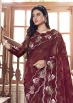 Wine Floral Hand Painted Organza Designer Embroidered Border Saree with Cutwork