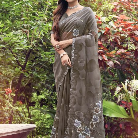 Grey Floral Hand Painted Organza Designer Embroidered Border Saree with Cutwork