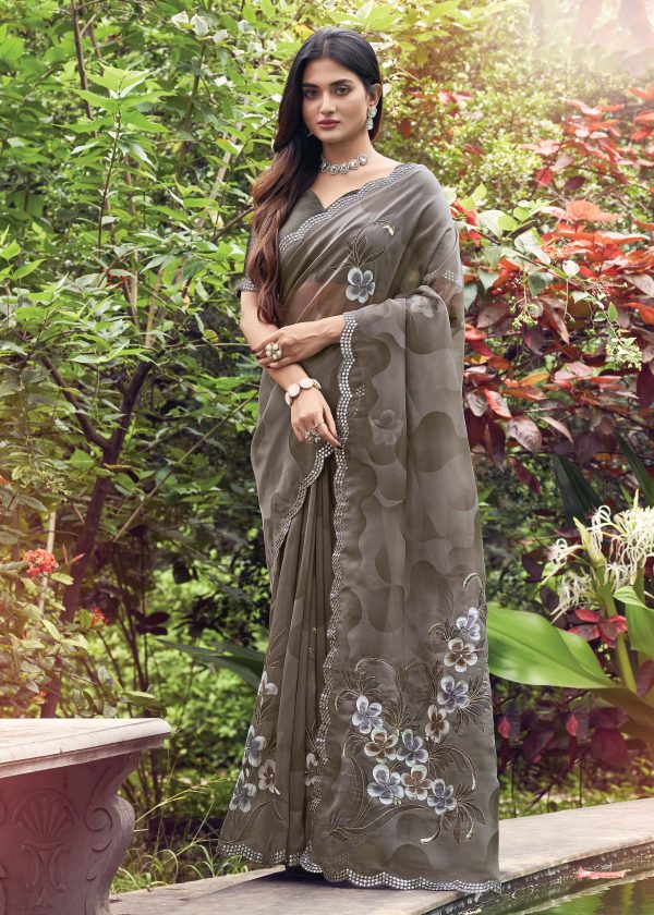 Grey Floral Hand Painted Organza Designer Embroidered Border Saree with Cutwork