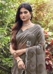 Grey Floral Hand Painted Organza Designer Embroidered Border Saree with Cutwork