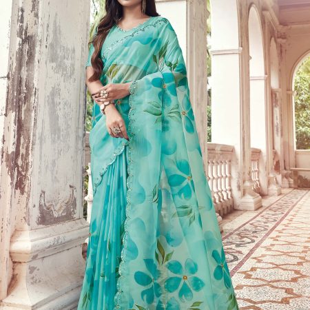 Sky Blue Floral Hand Painted Organza Designer Embroidered Border Saree with Cutwork