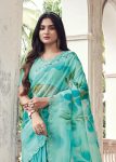 Sky Blue Floral Hand Painted Organza Designer Embroidered Border Saree with Cutwork