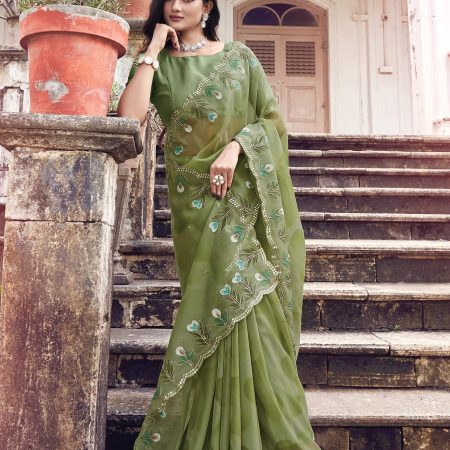 Pista Floral Hand Painted Organza Designer Embroidered Border Saree with Cutwork