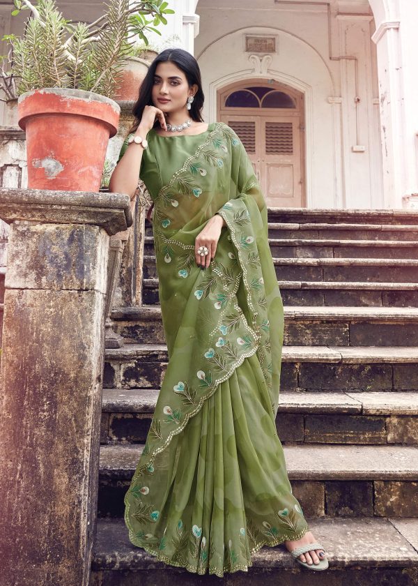 Pista Floral Hand Painted Organza Designer Embroidered Border Saree with Cutwork