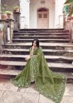 Pista Floral Hand Painted Organza Designer Embroidered Border Saree with Cutwork