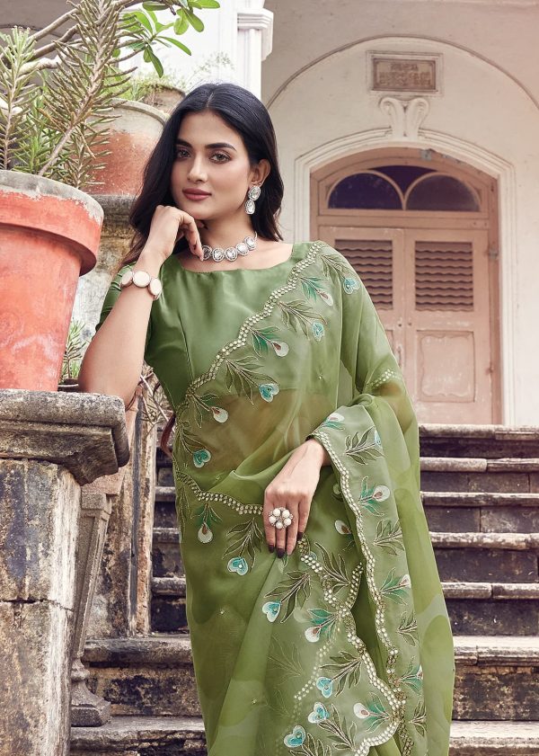 Pista Floral Hand Painted Organza Designer Embroidered Border Saree with Cutwork