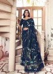 Navy Blue Floral Hand Painted Organza Designer Embroidered Border Saree with Cutwork