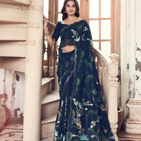 Navy Blue Floral Hand Painted Organza Designer Embroidered Border Saree with Cutwork