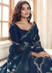 Navy Blue Floral Hand Painted Organza Designer Embroidered Border Saree with Cutwork