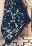 Navy Blue Floral Hand Painted Organza Designer Embroidered Border Saree with Cutwork