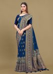 Lustrous Blue Satin Silk Saree with Bold Ikat Motifs and Refined Zari Woven Border Accents